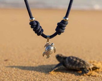 Handmade necklace made of dark blue rope, silver pendant, summer jewelry for women, short chain, necklace for women, Turtle, Holiday, Beach