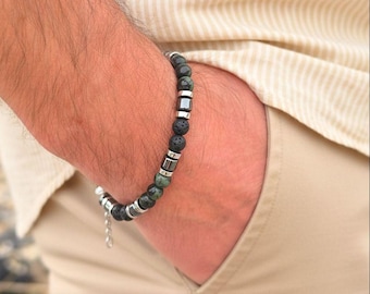 Bracelet with moss agate, lava and hematite beads, beaded bracelet, hematite effect, gift for men, beaded jewelry, jewelry, handmade