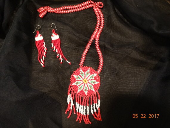 Native American seed bead necklace and earrings
