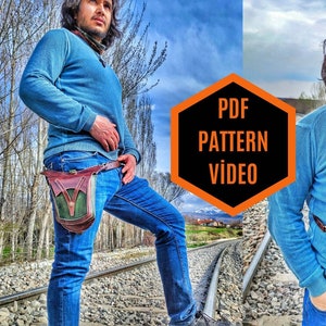 Puede incluir: Una persona con una camisa azul y pantalones vaqueros está de pie en una vía de tren. Lleva un cinturón de cuero con una bolsa de cuero marrón y verde unida a él. La bolsa se lleva en la cadera. La persona también lleva una mascarilla. La imagen tiene el texto "PDF PATTERN VIDEO" en forma de hexágono.