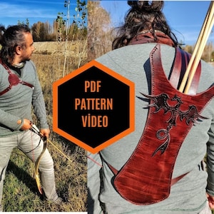May include: A brown leather quiver with a dragon design, worn on a person's back. The quiver holds arrows and has a strap that goes over the shoulder. The text "PDF PATTERN VIDEO" is visible in the image.