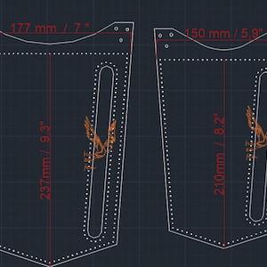 May include: Two leather patterns for a motorcycle saddlebag with a bird design and measurements in inches and millimeters.