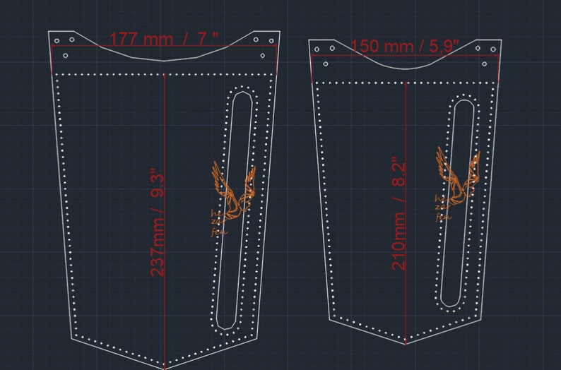 May include: Two leather patterns for a motorcycle saddlebag with a bird design and measurements in inches and millimeters.