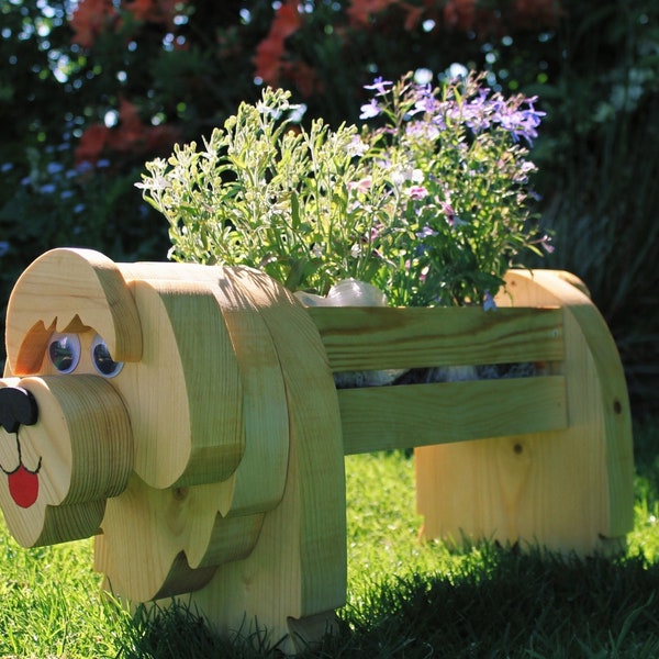 Handmade Wooden Dog Planter - Old English Sheepdog Style