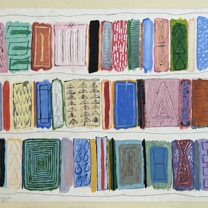 May include: Abstract painting of a bookshelf with three rows of colorful, textured rectangles. The rectangles are in various colors including blue, green, pink, and brown, with black outlines and white background.