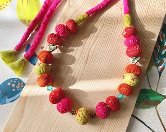 Bright Bird statement necklace | Green Pink Orange Upcycled fabric bead Kantha textile jewellery | Eco friendly Vegan | Mother’s Day gift
