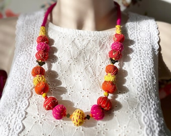 Bright Bird statement necklace | Yellow Pink Orange Upcycled fabric bead Kantha textile jewellery | Eco friendly Vegan | Valentines gift for