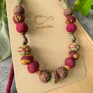 Handmade Maroon Red Brown Green Owl Necklace | Upcycled Kantha fabric bead long textile jewellery | Eco friendly Vegan Valentines gift