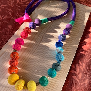 Unique Rainbow statement necklace Whimsical Chunky Upcycled fabric bead textile jewellery Eco friendly Vegan Pride Valentines gift image 4