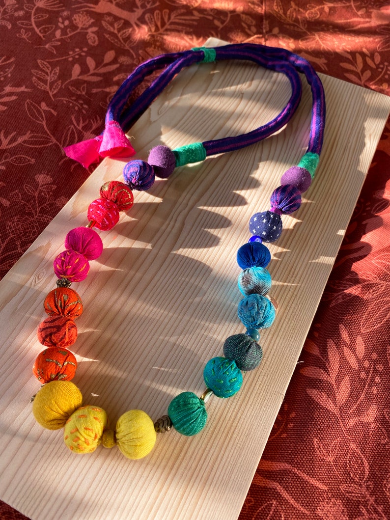 Unique Rainbow statement necklace Whimsical Chunky Upcycled fabric bead textile jewellery Eco friendly Vegan Pride Valentines gift image 4