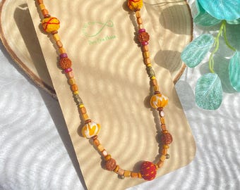 Handmade Wood & Fabric Bead Long Owl Rudraksha Necklace, Kantha Textile Jewelry, Rustic Boho Artisan Necklace, Upcycled Fabric Gift for Her