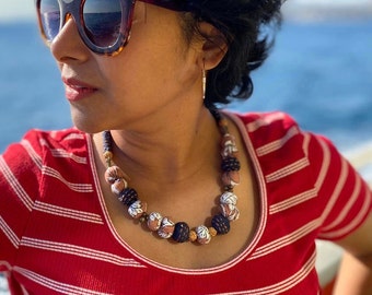 Brown & Midnight Blue Upcycled fabric bead statement Bird necklace | Handmade Indian Ecofriendly Vegan Textile Jewellery| Spring fashion