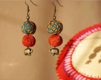 Elephant Long Dangle Drop Earring | Bright Funky Kantha Upcycled Fabric Bead Eco friendly | Indian holiday boho quirky | Mother’s Day gift