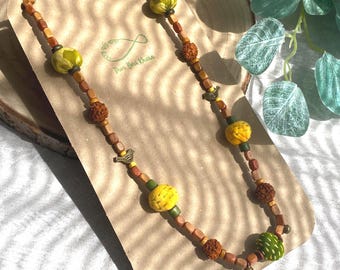Handmade Wood & Fabric Bead Long Bird Rudraksha Necklace, Kantha Textile Jewelry, Rustic Boho Artisan Necklace, Upcycled Fabric Gift for Her