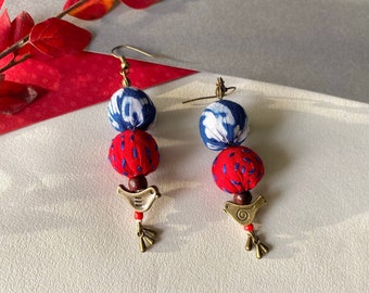 Cute Bird Dangle Fabric Earrings | Upcycled Textile | Eco friendly Indian quirky boho Chunky bead earrings Mother’s Day gift
