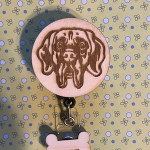 Custom Laser Engraved Wood Dog breed Face Badge reals with or without Bone Charm