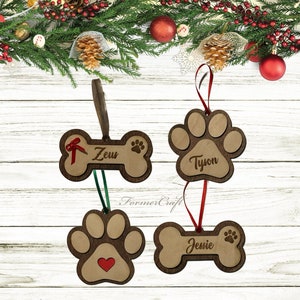Personalized Custom Dog and Cat paw print or bone Holiday Wood Christmas Ornament
