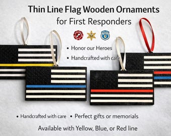 Thin Line Flag Wooden Ornament | First Responder Gift | Police Fire EMS Dispatcher | Memorial Ornament | Blue Red Yellow Line Decor