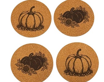 Laser Engraved Pumpkin Coaster Set – Set of 4 with Coaster Holder