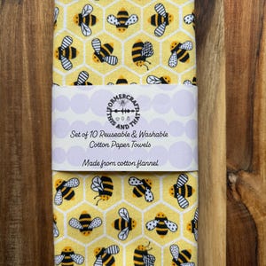 Conjunto de 10 ou 6 toalhas de papel reutilizáveis de 1 camada com estampa de abelhas e favos de algodão e flanela, sem papel, coleção de toalhas primavera-verão, desperdício zero
