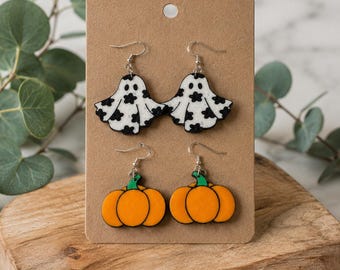 Halloween Ghost & Pumpkin Dangle Earrings | Lightweight Fall Earrings | Cute Spooky Ghost Earrings | Autumn Pumpkin Jewelry | Handmade