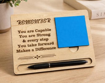 Motivational Desk Sign with Sticky Notes Holder | Laser Engraved Wood Office Gift | Inspirational Reminder Plaque | Teacher Coworker Gift