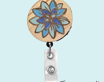 Hand Painted Water Lily Badge Reel: Laser Engraved Oak Wood