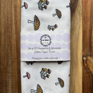Conjunto de 10 ou 6 toalhas de papel reutilizáveis de flanela de algodão com estampa de cogumelo, coleção de toalhas de primavera e verão