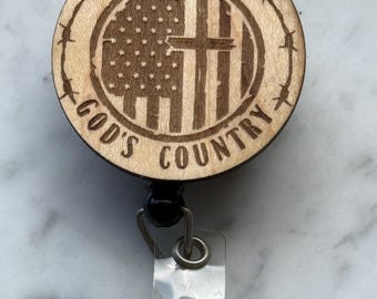 Christian Nurse Badge Reel | This Is God's Country, Cross & Flag