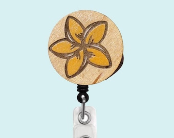 Plumeria hand painted wooden retractable badge reel ID tag