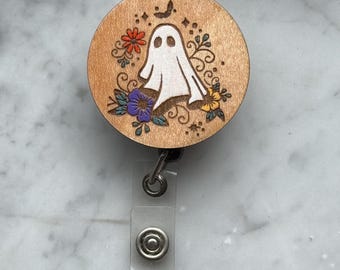 summerween spooky Halloween ghost and fall flower retractable badge reel ID tag