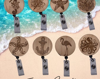 Coastal Wooden Badge Reel – Engraved Ocean Badge Holder – Seahorse, Jellyfish, Starfish, Octopus ID Reel – Beach Nurse Gift