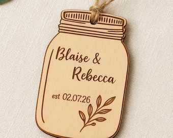 Personalized Wooden Mason Jar Wedding Favor Tags: Laser Engraved Keepsake