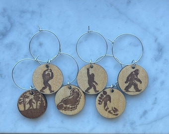 Bigfoot Wine Charms – Sasquatch Wooden Drink Markers, Set of 6