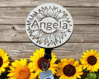 Personalized Sunflower Badge Reel | Custom Name Engraved Wooden Badge Holder | Floral Retractable ID Clip | Nurse Teacher Gift | Boho Badge