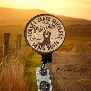 laser engraved wooden cowboy cowgirl boots themed retractable badge reel