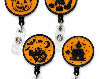 Halloween Badge Reel , Retractable ID Badge Holder, Pumpkin Ghost Haunted House Cauldron Badge Clip, Nurse Teacher server