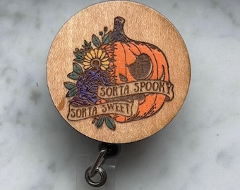 summerween spooky Halloween pumpkin and fall flower retractable badge reel ID tag