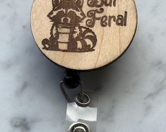 Funny Raccoon Badge Reel | Laser Engraved Wood, Healthcare ID Holder