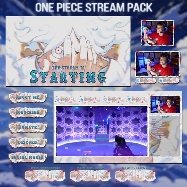 One Piece Overlay Pack Animiert / Anime Twitch Pack / Animierte Overlays, Übergang, Panels, Facecam, Banner, Warnungen