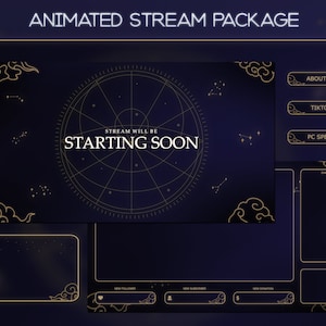 Celestial Animated Stream Overlay/Dark Blue Theme/Twitch Set/Panels/Dark Theme/Aesthetic Black/Transition/Alerts/Panels
