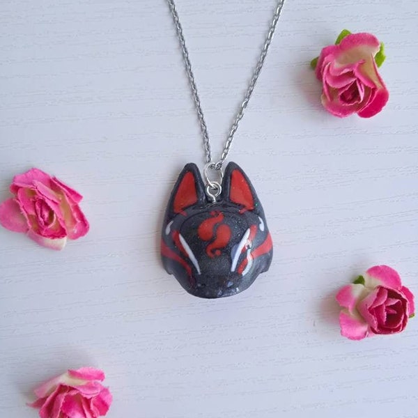 Black Kitsune Mask Necklace - Japanese Necklace - Kawaii Cosplay Necklace - Japan Fox Necklace - Japanese Kitsune Necklace