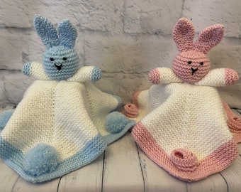 Knitting pattern - Baby bunny comforter blanket/lovey (with pompoms or rosebuds)