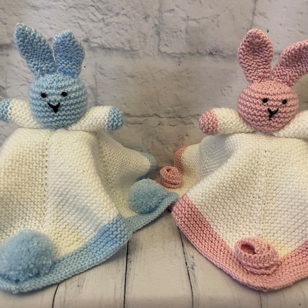 Knitting pattern - Baby bunny comforter blanket/lovey (with pompoms or rosebuds)