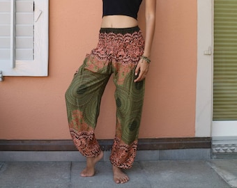 Olive green floral printed summer pants with elastic band no.P11