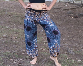 Blue brown paisley printed summer pants with elastic band no.P16 - Harem Pump Yoga Goa Aladdin Hippy Boho Gypsy Ballon Baggy pants