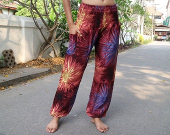 Dark Red Tie-dye printed summer pants with elastic band no.P77 - Harem Pump Yoga Goa Aladdin Hippy Boho Gypsy Ballon Baggy pants