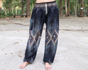 Schwarze Sommerhose mit Federmuster und Elastikbund mit Kordel - Harem Pump Yoga Goa Aladdin Hippy Boho Gypsy Ballon Baggy Hose aus Viskose