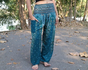 Turquoise feather printed summer pants with elastic band no.P61 - Harem Pump Yoga Goa Aladdin Hippy Boho Gypsy Ballon Baggy pants