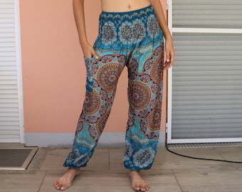 Blau-Grüne Sommerhose mit Mandalamuster und Elastikbund - Harem Pump Yoga Goa Aladdin Hippy Boho Gypsy Ballon Baggy Hose aus Viskose